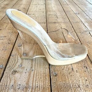 Vintage Y2K Kris K Clear Acrylic Wedge Heels Size 8 | JLo Style Nude Mules